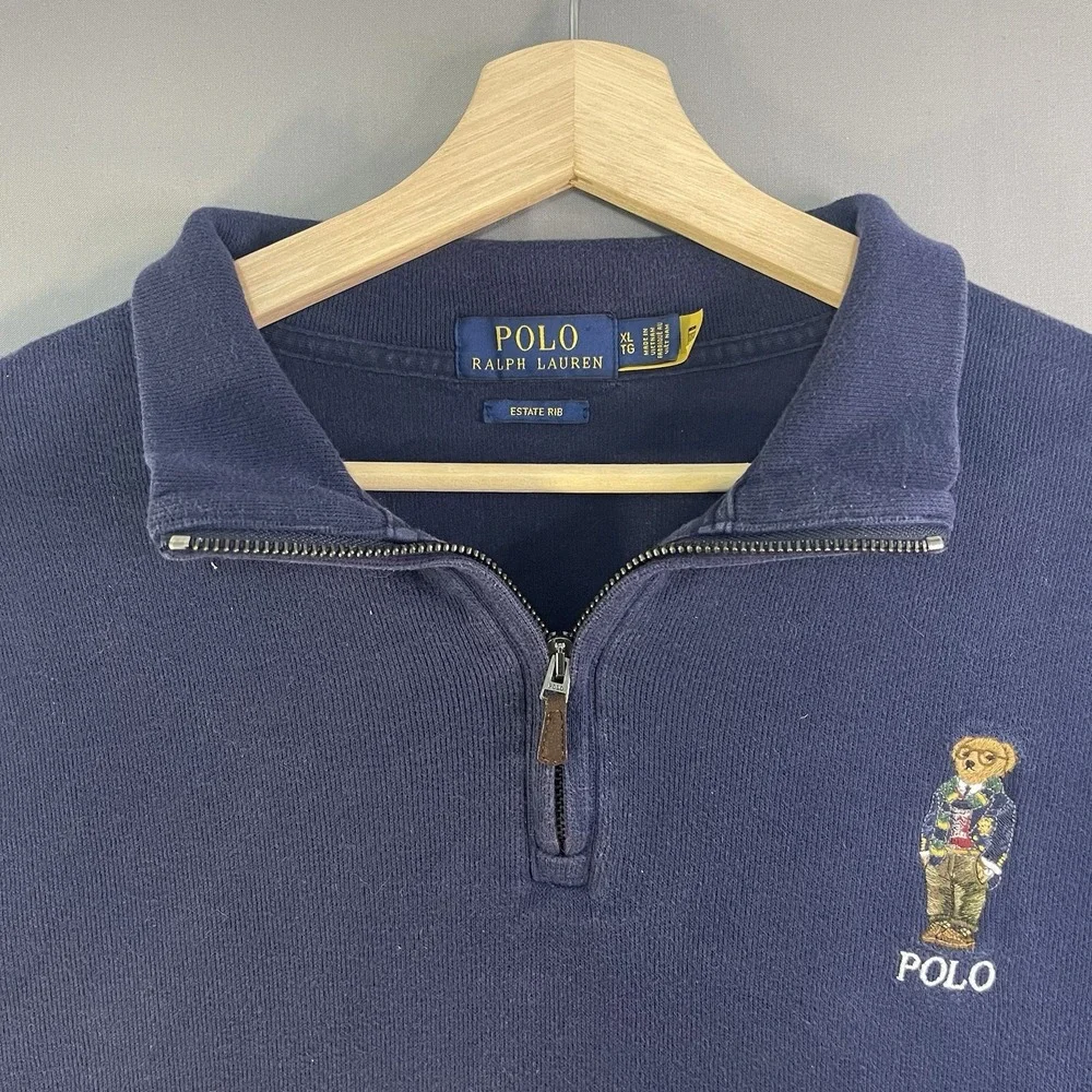 Polo Bear Ralph Lauren Estate Rib 1/4 Zip Pullover Navy Blue Men's XL Sweater